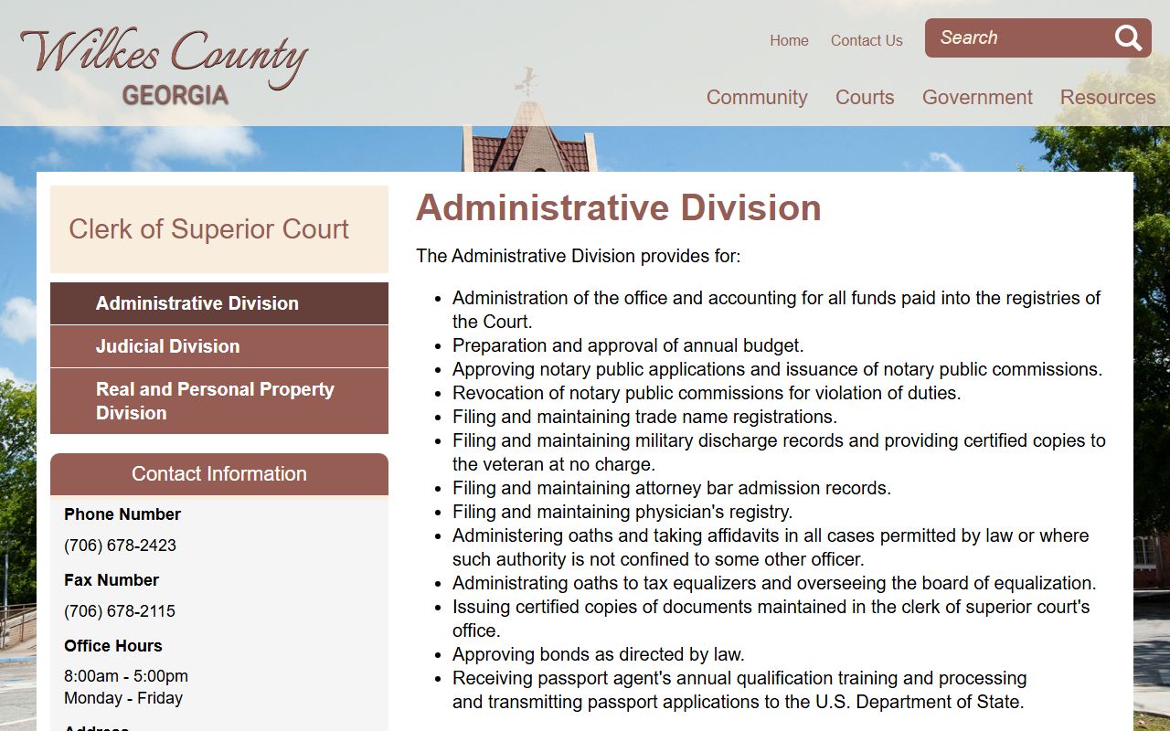 Wilkes County Clerk Administrative Division records duties