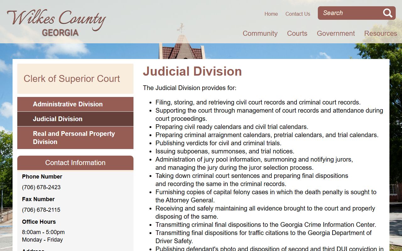 Wilkes County court dockets Clerk Judicial Division duties
