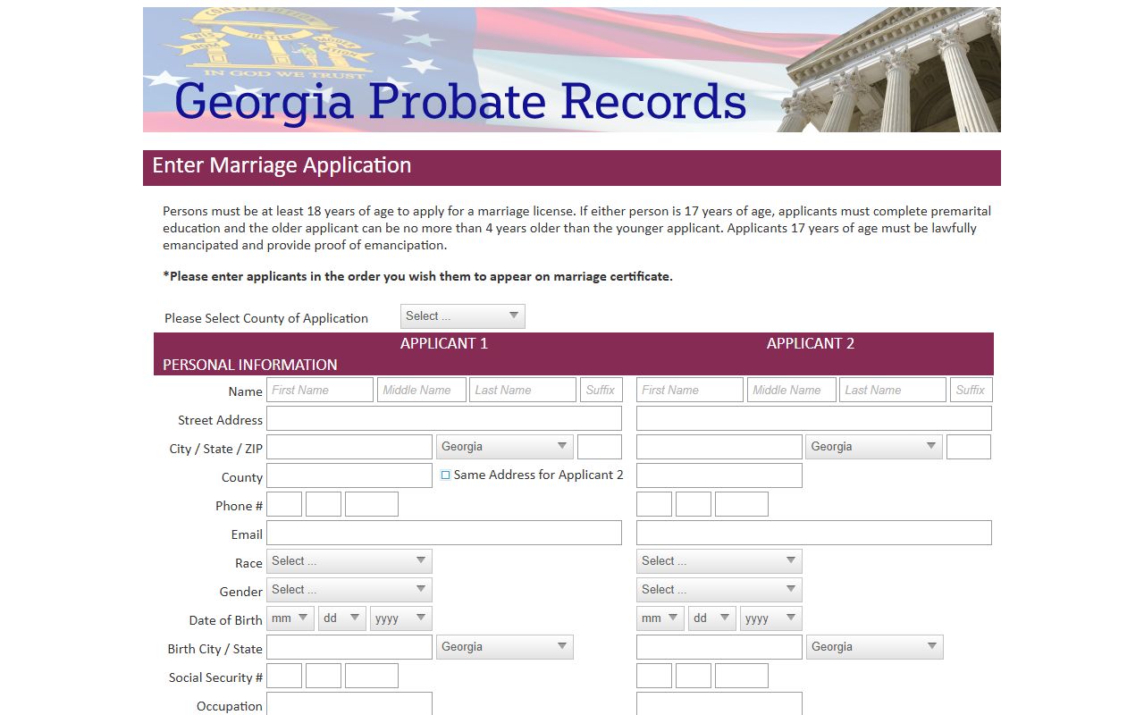 Wilkes County marriage records Georgia Probate Courts marriage application