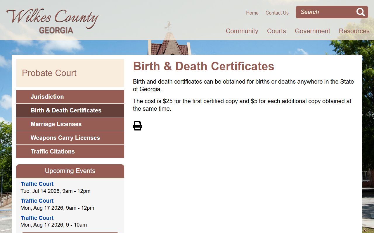 Wilkes County marriage records Probate Court birth and death certificate page