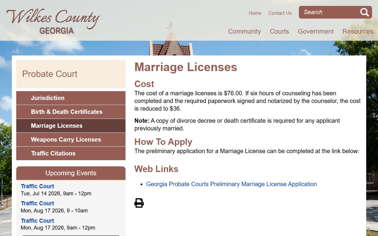 Wilkes County marriage records Probate Court marriage license page