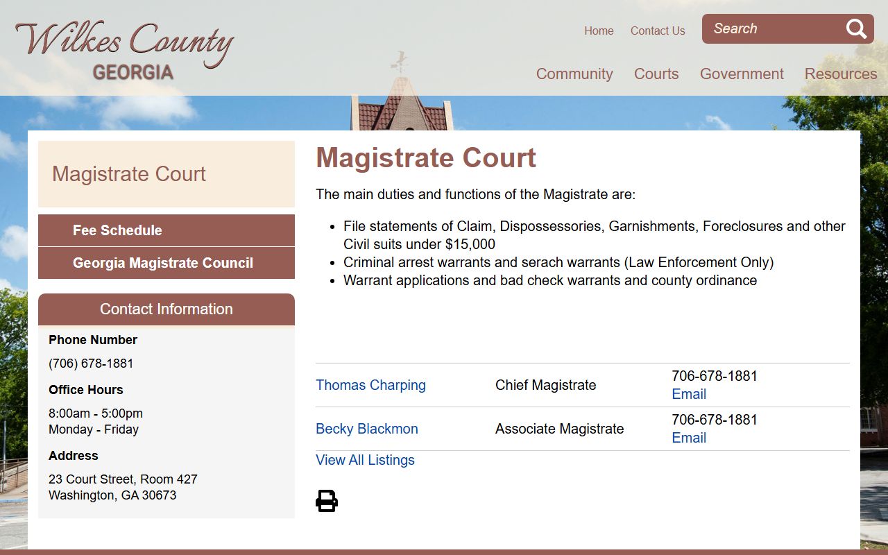 Wilkes County warrant search Magistrate Court contact page